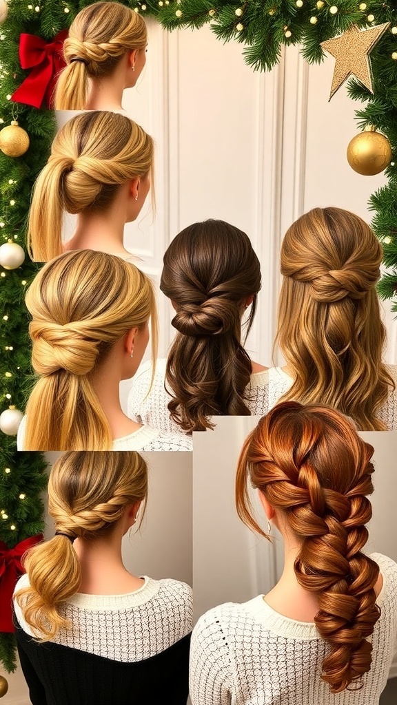 A collage of elegant Christmas dinner hairstyles including updos and waves, set against a festive backdrop.